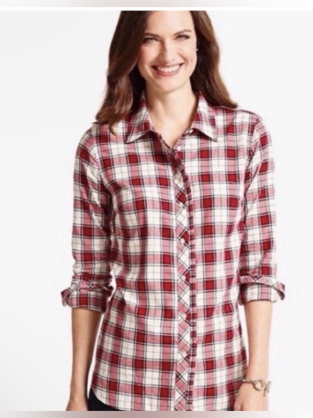 Talbots Collared Button Up XL Red White Plaid Preppy Ruffle Blouse Cottagecore